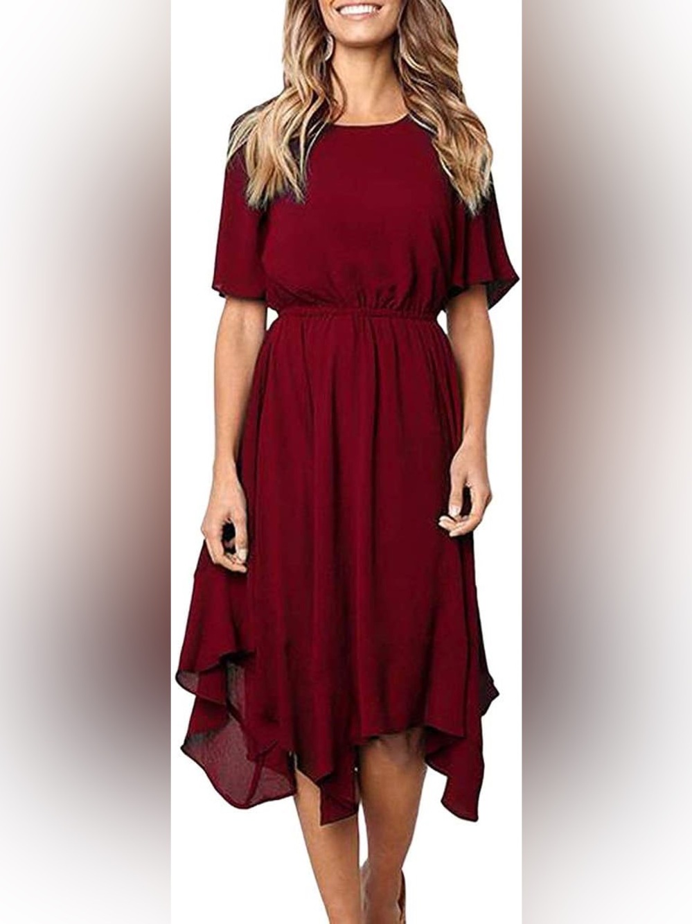 SHEIN Burgundy High-Low Flutter Sleeve Dress